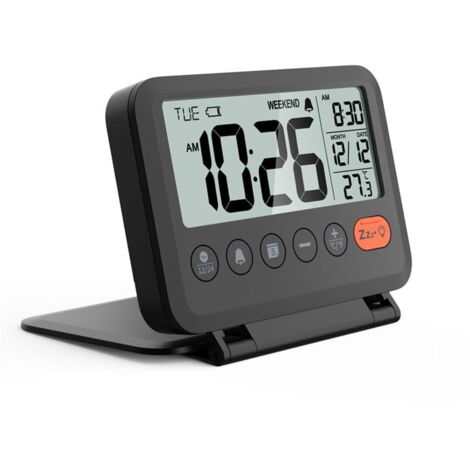 Mini réveil de voyage numérique LCD portable, silencieux, élégant et portable, réveil de bureau compact et pliable alimenté par piles (noir)