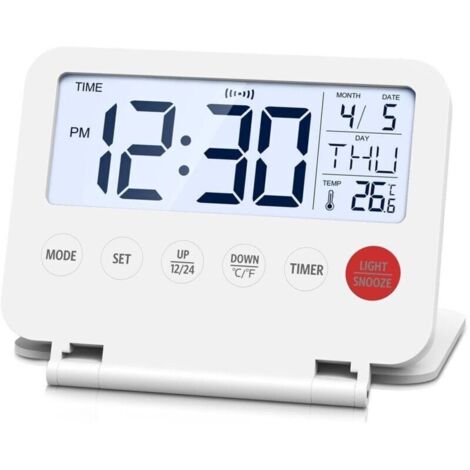 Mini réveil de voyage pliable numérique, écran LCD rétroéclairé, thermomètre, snooze, date et heure, horloge bureau pour chambre, cuisine