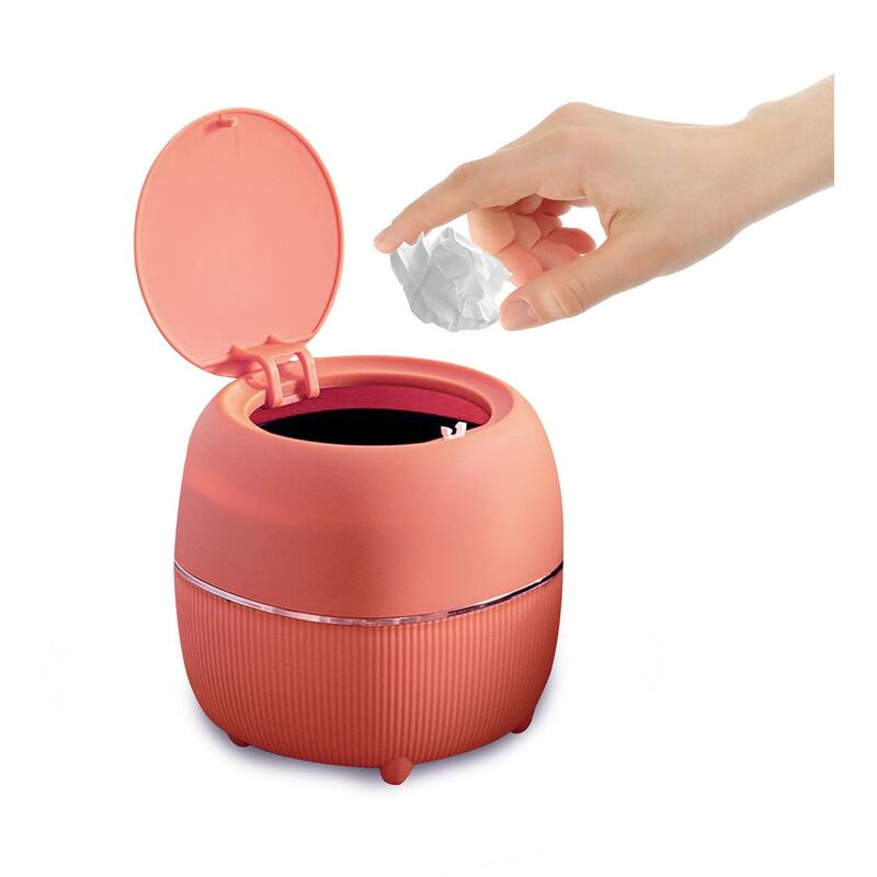 Mini Round Press Type Desktop Trash Can with Lid, Small Plastic Trash Can for Home Countertop, Kitchen, Bathroom, Office (Pink)