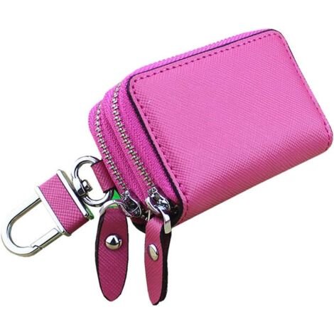 Mini sac porte-clés multifonctionnel en cuir durable à double fermeture éclair (rose rouge)