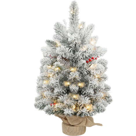 Mini sapin de Noël artificiel de 60 cm avec 35 lumières LED 72 branches denses avec décorations de neige et base en toile de jute verte