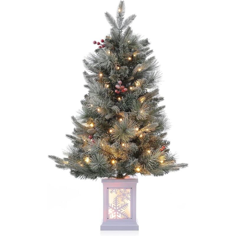 Mini sapin de Noël artificiel pré-éclairé de 3 FT avec base de boîte à lumière en flocon de neige avec 78 perles de lumière blanche chaude à 8 modes,