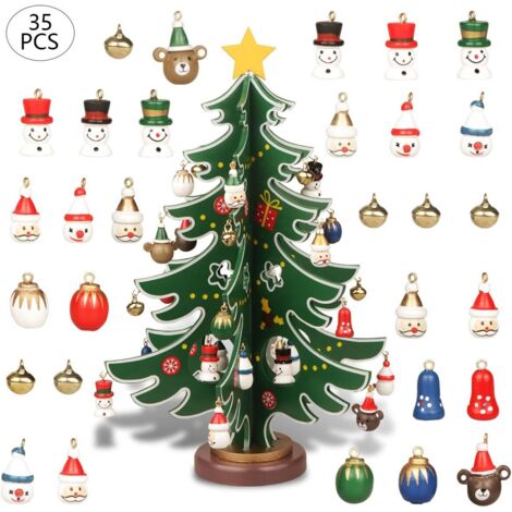 Mini sapin de Noël en bois de table avec 30 mini décorations de Noël et 1 cime d'arbre étoile pour décoration de Noël
