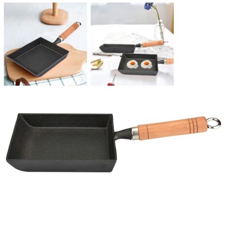 Mini sartén Tamagoyaki, hierro fundido, mango de madera, 37 cm, negra, 1287 g. Incluye: resistente al calor, compatible con inducción, superficie lisa, sin marca.