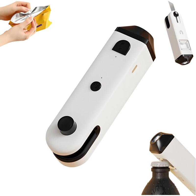 Mini scellant 4 en 1 avec cutter et aimant, lampe de poche LED et décapsuleur, scellant à chaud, machine de scellage thermique portable pour aliments