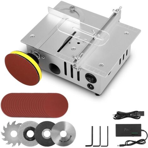 Mini Scie Circulaire de Table avec 4 Lames Alimentation 7 Vitesses 96W Scie Circulaire de Précision Portable Lame 0-15mm Hauteur Réglable pour Bricolage Bois Modélisme