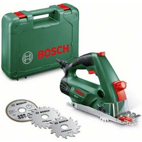 Coffret mini scie circulaire PKS 16 Multi Bosch - Livré avec: 1 adaptateur pour aspirateur de poussières, 1 disque à tronçonner diamenté céramique, 1 lame de scie circulaire Precision, 1 lame de scie circulaire Special.