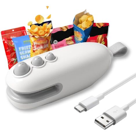 Mini selladora de bolsas, selladora térmica 2 en 1 con cortador e imán, máquina reselladora portátil para papas fritas, selladora portátil de bolsas de plástico para bocadillos, recargable, blanca