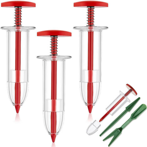 Mini sembradora manual y juego de herramientas de siembra portátiles con 4 bolsas de semillas rojas y 2 accesorios para macetas y jardineras.