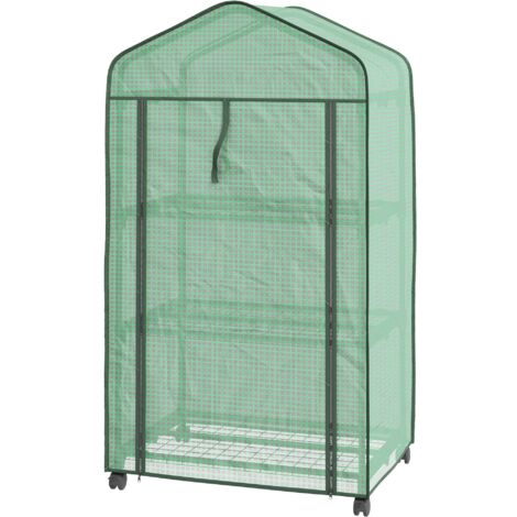 Mini Serra da Giardino con Copertura in PE 69x49x130cm 3 Ripiani e Ruote Verde