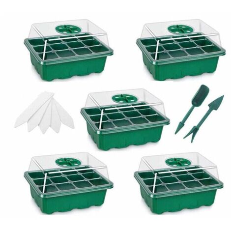 Mini serra per piante, 5 pezzi, 12 celle, vassoio per piantine da interno, vassoio per piantine, vivaio, scatola per coltivazione con coperchio resistente e ventilazione