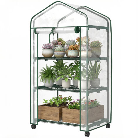 Mini serre 3 étagères bâche PVC résistant porte enroulable 4 roues 69x49x130 cm transparent