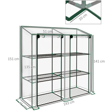 Mini serre 3 niveaux 143x46x141-151cm, bâche plastique 2 portes enroulables 6 étagères