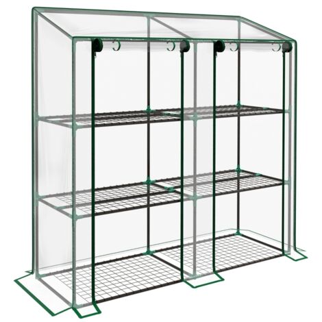 Mini-serre 3 niveaux, 6 clayettes métalliques, 2 ouvertures, bâche plastique transparente