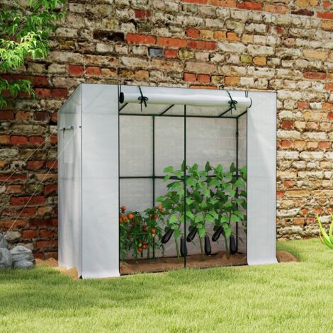 Mini serre adossée avec porte enroulable et fenêtres en filet. résistante aux UV. pour fleurs. semis. plantes. blanche