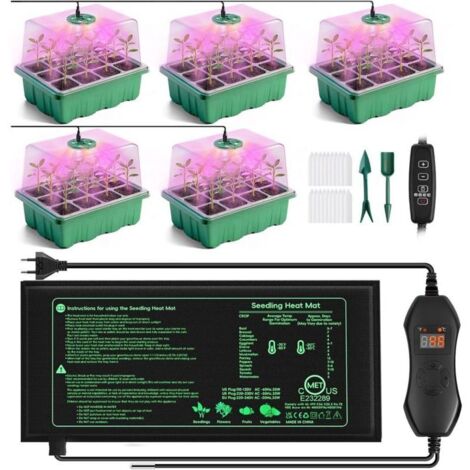 Mini Serre avec Lampe pour Plantes Tapis Chauffant. 5 Pièces Mini Serre pour Semis avec Thermostat Luminosité Réglable. Serre épaissie avec Couvercle et Ventilation