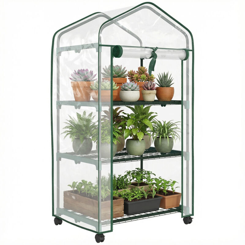 Serre de jardin - Outsunny - avec étagères 3 niveaux - bâche PVC renforcée châssis en acier - porte zippée enroulable - transparent