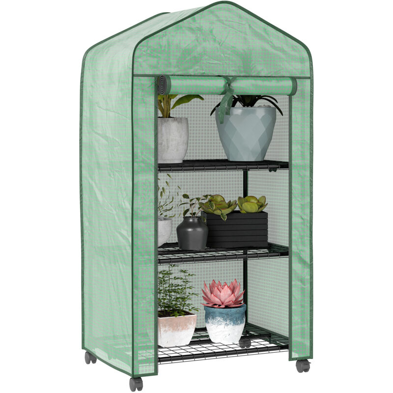 Mini serre de jardin avec 3 étagères, bâche PE haute densité, porte enroulable, 4 roulettes, dim. 69L x 49l x 130H cm Mini serre de jardin avec 3 étagères, bâche PE haute densité, porte enroulable, 4 roulettes, dim. 69L x 49l x 130H cm
