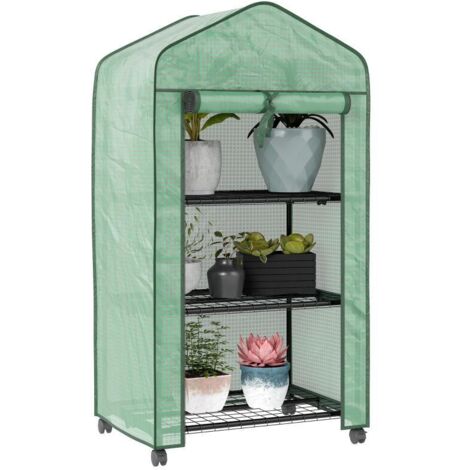 Mini serre de jardin avec 3 étagères, bâche PE haute densité, porte enroulable, 4 roulettes, dim. 69L x 49l x 130H cm