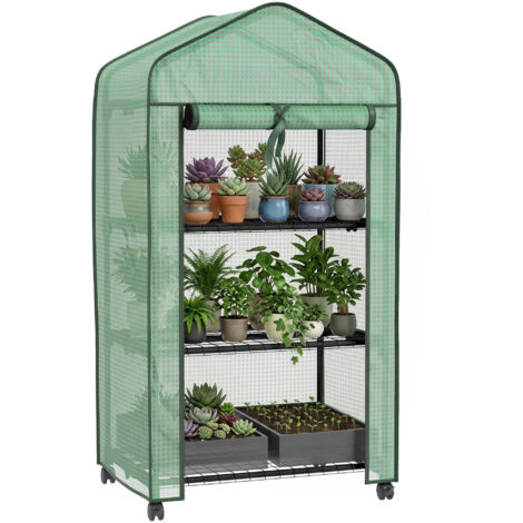 Mini serre de jardin avec 3 étagères, bâche PE haute densité, porte enroulable, 4 roulettes, dim. 69L x 49l x 130H cm