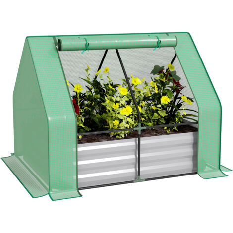 Mini serre de jardin serre à tomates avec carré potager - acier thermo-laqué, tôle d'acier ondulée, PE haute densité anti-UV - fenêtre zippée enroulable vert