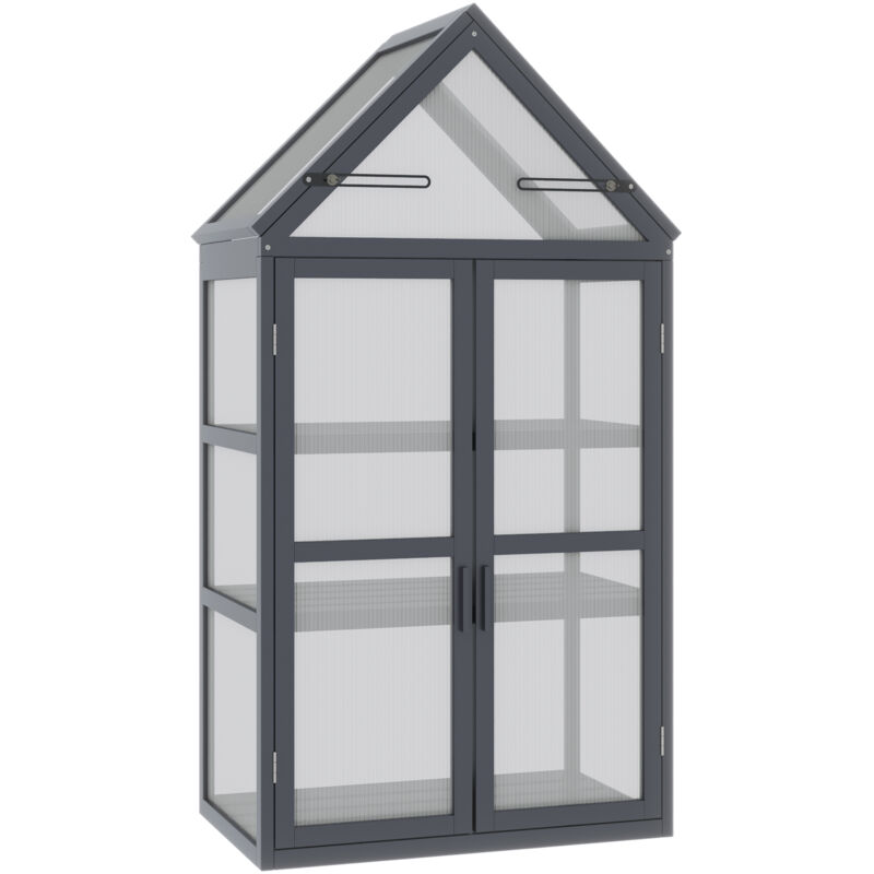 Mini Serre En Bois Naturel 3 Niveaux Avec Toit Ouvrant Et Portes Doubles 70,5 X 42 X 132 Cm