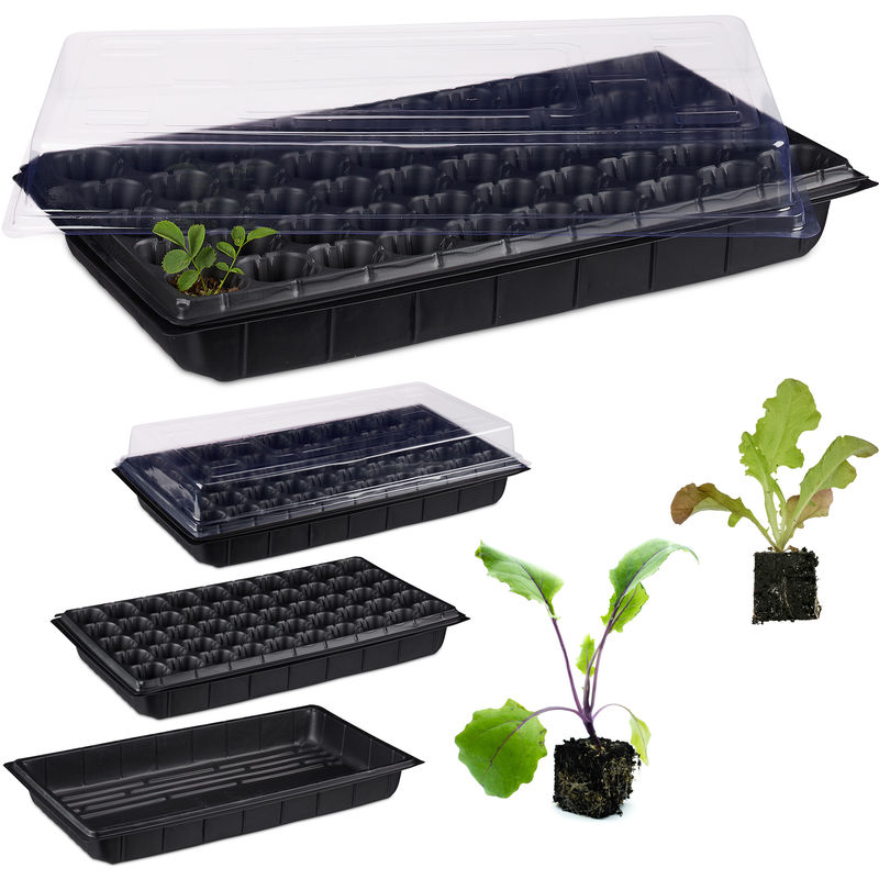 Mini serre, pour l'intérieur, 50 plantes, couvercle, semis, terrasse, balcon, plastique, 55,5 x 29 cm, noir - Relaxdays