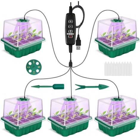 Mini Serre pour Plantes, 5 Pièces Bac à Semis avec Tapis Chauffants, Contrôleur de Minuterie Luminosité Réglable, Boîte de Culture Durables, avec Couvercle Haut et Ventilation