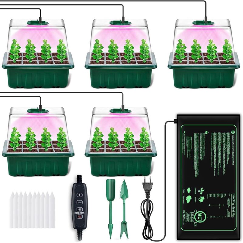 Mini Serre pour Plantes, 5 Pièces Bac à Semis avec Tapis Chauffants, Contrôleur de Minuterie Luminosité Réglable, Plateau de Culture pour Plantes