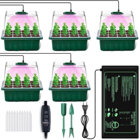 Mini Serre pour Plantes, 5 Pièces Bac à Semis avec Tapis Chauffants, Contrôleur de Minuterie Luminosité Réglable, Plateau de Culture pour Plantes Universel intérieur avec Couvercle Ventilé