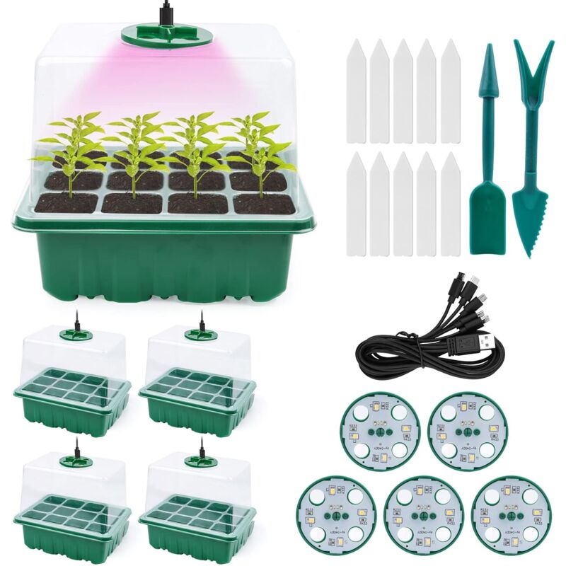 Mini Serre pour Plantes, 5 Pièces Bac à Semis Pépinière, Bac à Semis avec Lumière, Serre Intérieure Pépinière, avec Couvercle Haut et Ventilation, 10