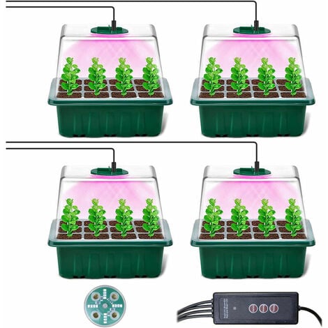 QPUION Mini Serre pour Plantes avec Lampe, 4 Pièces Serre Semis de Culture avec contrleur de synchronisation luminosité réglable, épaissir Boîte Semis avec Couvercle surélevé