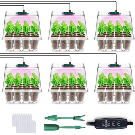 Mini Serre pour Plantes avec Lampes de Culture, 6 Pièces Bac à Semis avec Contrôleur de Minuterie de Luminosité Réglable, Épaissir Boite Semis, pour Plantation de Semis, Transparent