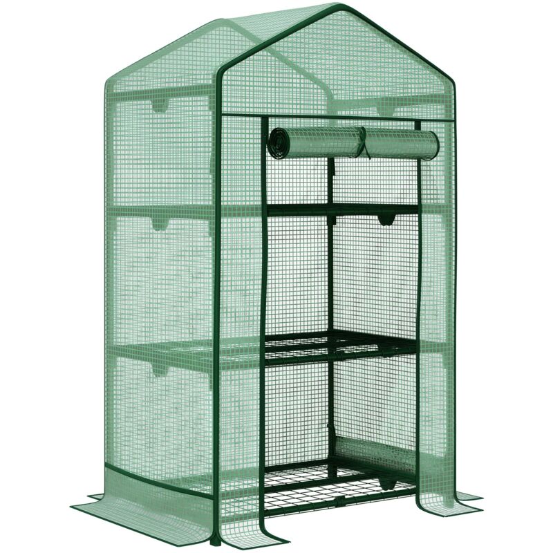 Mini-serre Serre de culture avec couverture en plastique et 3 étagères Étagères Porte coulissante Potager