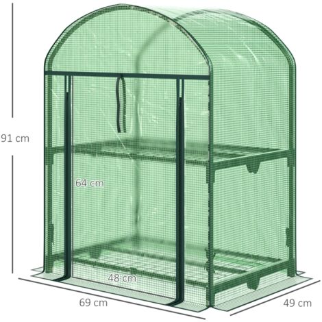 Mini serre verte 69x49x91cm, 2 étagères métal PE compacte pour balcon et terrasse