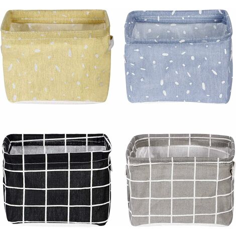 Mini Set de Rangement Pliable Caisses de rangement Lin Coton Imperméable Organisateurs de Paniers de Rangement pour étagères Bureau Lot de 4 (Jaune, bleu ciel, noir, gris) HA