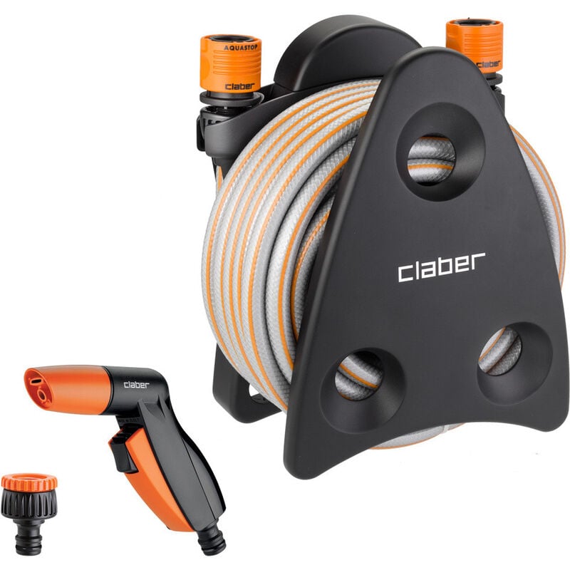 Claber - Mini-set Utility support tuyaux avec tuyau, raccords et pistolet d'arrosage double jet