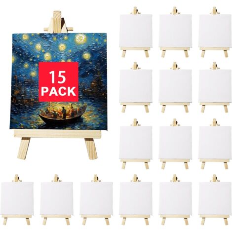 Mini-Staffelei-Leinwand-Set, 15-teilig, Mini-Leinwand 10 x 10 cm und Staffelei 9 x 16 cm, dreieckiger Ständer aus Massivholz für die Bürodekoration, DIY-Malkunst für Kinder, kreatives Geschenk
