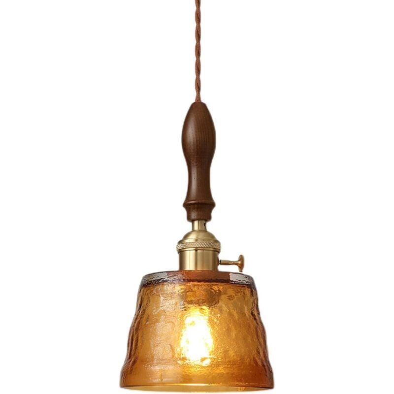 Mini Suspension Luminaire en verre industriel vintage, Lustre Fini Bois Lampe suspendue au plafond rétro avec interrupteur marche/arrêt (Ambre)
