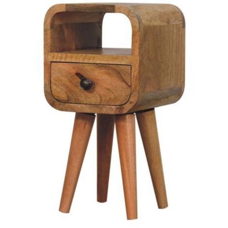 Mini Table de Chevet Bois Massif Chêne 1 Tiroir and Niche, Petit Meuble Appoint Chambre
