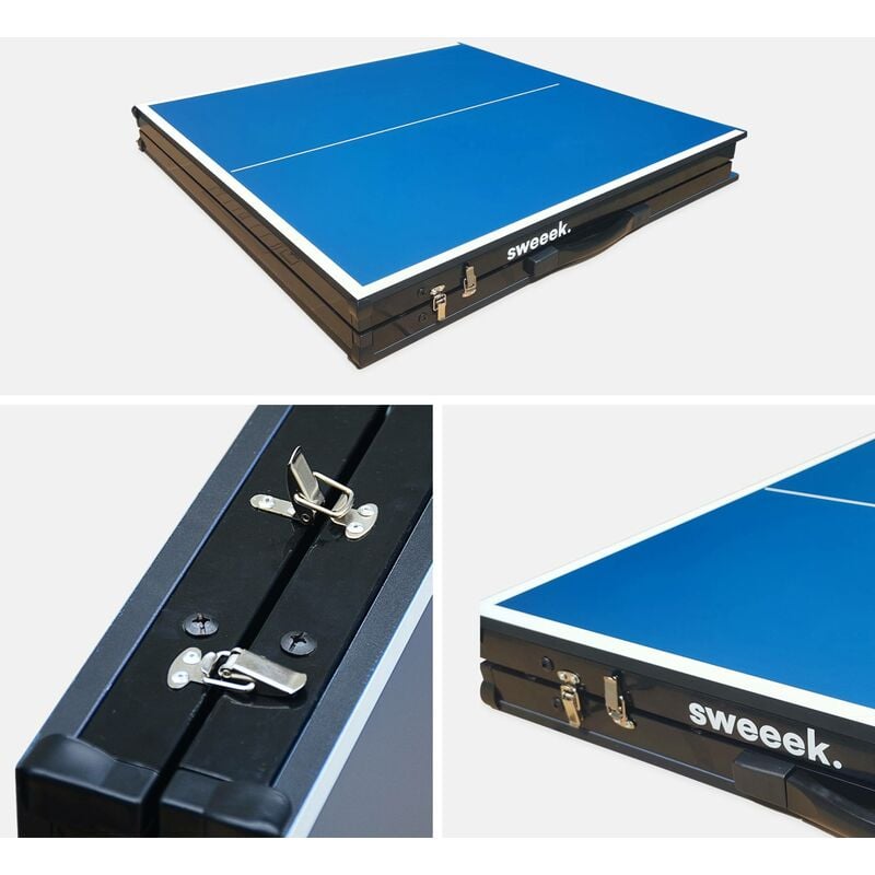Mini table de ping pong 150x75cm - table pliable indoor bleue. avec 2 raquettes et 3 balles. valise de jeu pour utilisation intérieure. sport tennis
