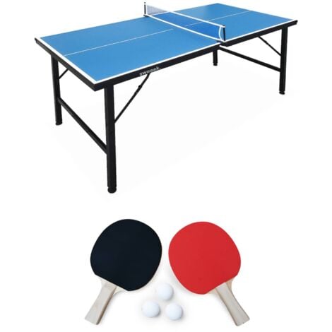 Mini table de ping pong 150x75cm - table pliable INDOOR bleue, avec 4 raquettes et 6 balles, valise de jeu pour utilisation intérieure, sport tennis de table