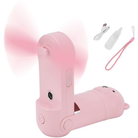 Mini-Taschenventilator mit Luftbefeuchter, wiederaufladbar, tragbar – Rosa Cartoon-Design