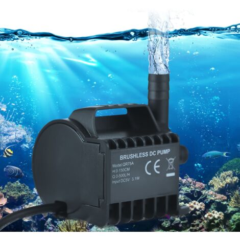 Mini-Tauchpumpe QR70A/QR75A USB 500 l/h 1,5 m, schwarzes ABS, mit Saugnapffuß für Aquarium, Springbrunnen und Zirkulation