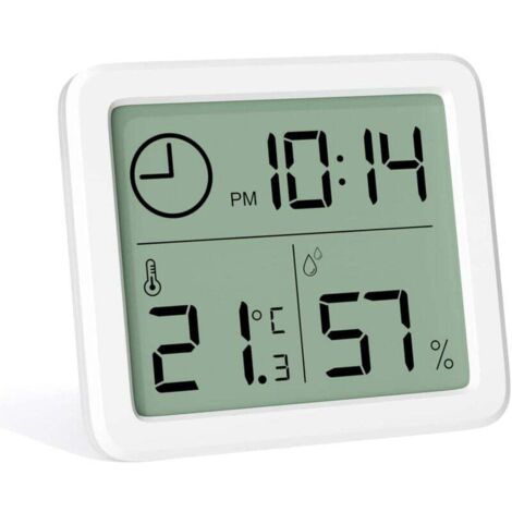 Mini termómetro digital para interiores, higrómetro profesional portátil de pantalla grande con reloj, termómetro higrómetro blanco preciso para el hogar, la habitación del bebé, el invernadero y la o