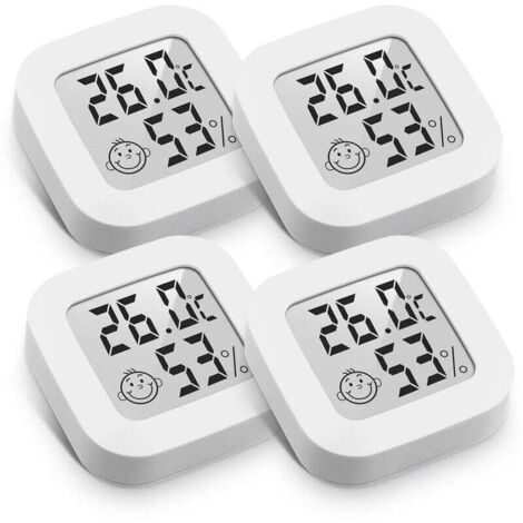 Mini termómetro higrómetro digital de alta precisión para interiores, monitor de temperatura y humedad, con indicador de nivel de confort (4,3 cm, blanco, 4 unidades)