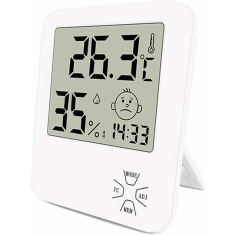 Mini Thermomètre Hygromètre Intérieur Numérique à Haute Précision thermomètre Maison avec Support Pliant Et Réveil pour Indicateur du Niveau de Confort du Maison Bureau Cuisine Jardin etc Blanc