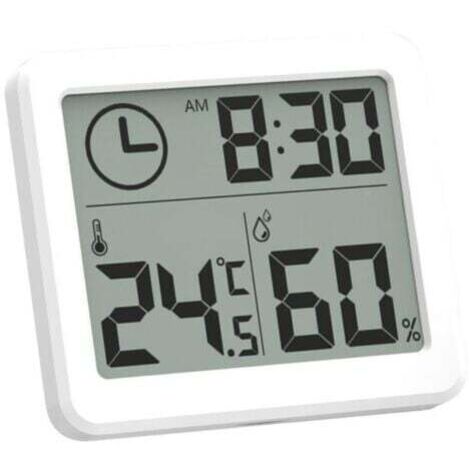 Mini Thermometre Interieur Numérique, Hygrometre Portable Professionnel à Grand Écran avec Horloge, Thermomètre Blanc Précis, Hygromètrepour la Maison