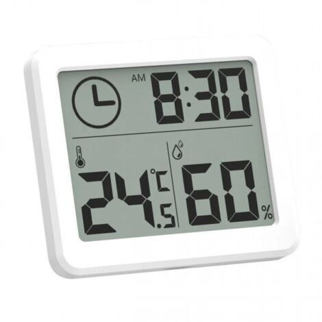 Mini Thermometre Interieur Numérique, Hygrometre Portable Professionnel à Grand Écran avec Horloge, Thermomètre Blanc Précis, Hygromètrepour la Maison