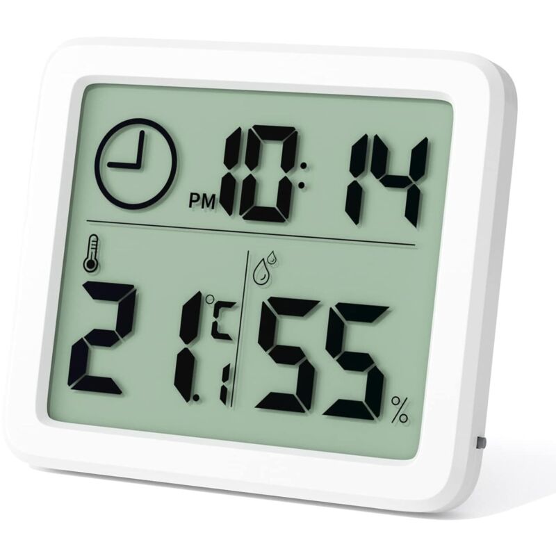 Mini Thermometre Interieur Numérique, Hygrometre Portable Professionnel à Grand Écran avec Horloge, Thermomètre Blanc Précis, Hygromètrepour la